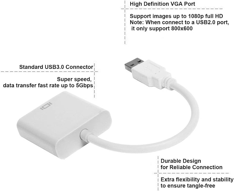Zopsc USB3.0 to VGA Converter 5Gbps HD 1080P Adapter Cable 15Pin Female, Supports Multi Display Solutions, No External Power Supply, for PC laptops, Desktops, Monitors. (White) - Image 4